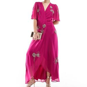 Hope & Ivy embellished flutter sleeve maxi wrap dress tie waist in magenta NEW